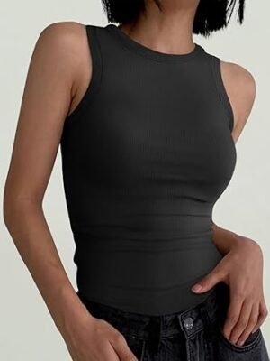 ANRABESS Womens Sleeveless High Neck Tank Tops Fashion Summer Casual Basic Slim Fit Ribbed Racerback Top Shirt Clothes