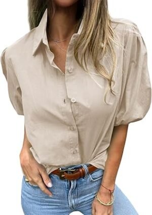 Tankaneo Women's Button Down Shirts Short Puff Sleeve Collared Dressy Casual Blouse Tops