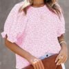 Dokotoo Floral Print Blouses for Women Crewneck Smocked Puff Sleeve Shirts Casual Babydoll Tops