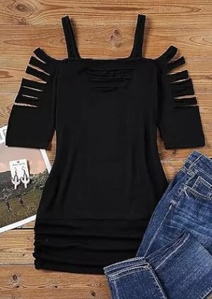 Cut Out Cold Shoulder Square Collar Shirt Women Lacerated 34 Sleeve Blouse Cut Out Sexy Hollow Out Casual Tee Tops