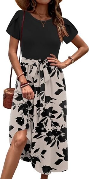Zeagoo Womens Midi Dress Summer Short Sleeve Dress with Pockets 2025 Casual Floral TShirt Dress Flowy Beach Sundress
