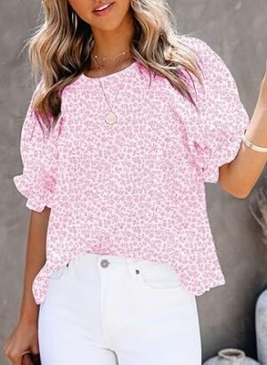 Dokotoo Floral Print Blouses for Women Crewneck Smocked Puff Sleeve Shirts Casual Babydoll Tops