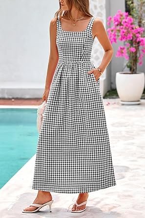PRETTYGARDEN Women's 2025 Summer Spaghetti Strap Maxi Dresses Plaid Square Neck A Line Casual Beach Vacation Long Sundress
