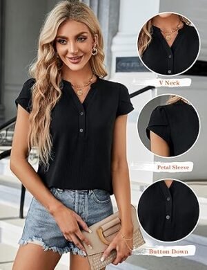 Blooming Jelly Women's Dressy Casual Tops Business Work Blouses White Button Down Shirts Cap Sleeve V Neck Tshirt