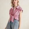 LOMON Womens Button Down Shirts Short Cap Sleeve Summer Cotton V Neck Collared Stripes Blouses Casual Plaid Tops
