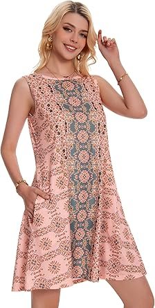 Summer Dresses for Women Beach Boho Sleeveless Vintage Floral Flowy Pocket Tshirt Tank Sundresses