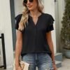 ANRABESS Womens Tops Dressy Casual Ruffle Short Sleeve V Neck Blouses Summer Button Down Business Work Elegant Shirts