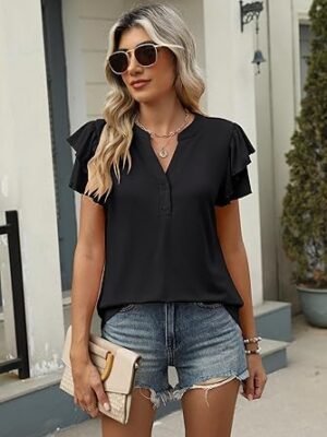 ANRABESS Womens Tops Dressy Casual Ruffle Short Sleeve V Neck Blouses Summer Button Down Business Work Elegant Shirts
