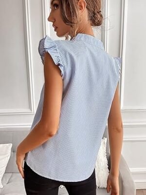 Floerns Women's Striped Ruffle Cap Sleeve Tops Summer Blouse Tops V Neck Business Causal Outfits for 2025