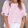 Dokotoo Floral Print Blouses for Women Crewneck Smocked Puff Sleeve Shirts Casual Babydoll Tops