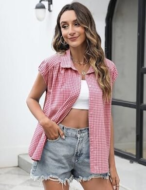 LOMON Womens Button Down Shirts Short Cap Sleeve Summer Cotton V Neck Collared Stripes Blouses Casual Plaid Tops