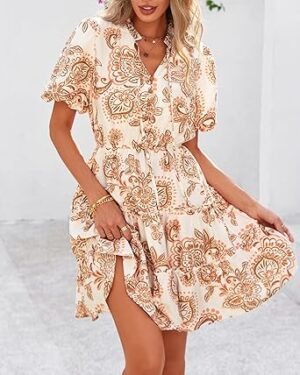 BTFBM Women Summer Floral Short Dresses V Neck Short Sleeve Tiered Ruffle Boho Swing Dress ALine Mini Dresses