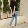 Kate Kasin Women Short Sleeve Polo Sweater V Neck Knitted Tops Casual Ribbed Shirt Loose Pullover Sweater