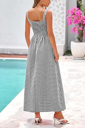 PRETTYGARDEN Women's 2025 Summer Spaghetti Strap Maxi Dresses Plaid Square Neck A Line Casual Beach Vacation Long Sundress