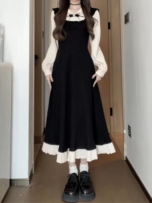 Spring gentle splicing fake two small black dresses autumn and winter new collection waist cinching temperament long skirt
